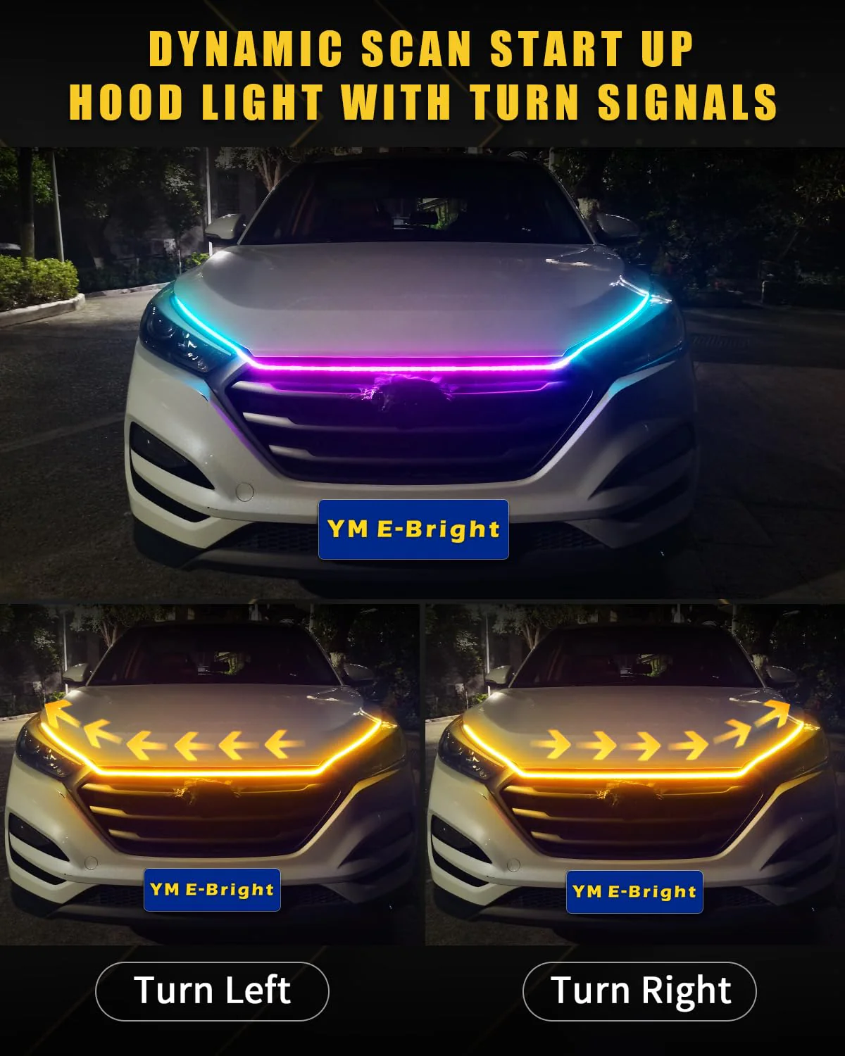 YM E-Bright Car Led Lights Exterior RGB Hood Light Strip Waterproof Multicolor Dynamic Scan Start Up Hoodbeam Kit with Turn Signal Function for Cars,Truck, SUV, APP Remote Control, 12V 59inch Dynamic Multicolor 59 inches - Image 2