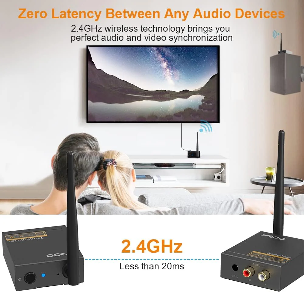 YMOO 2.4Ghz Wireless Audio Transmitter Receiver,48kHz/24bit HiFi Audio,20ms Ultra Low Latency,320ft Long Range RCA Jack Adapter for Speaker/soundbar to TV/PC/CD Player/Computer/Projector RT5066 - Image 2