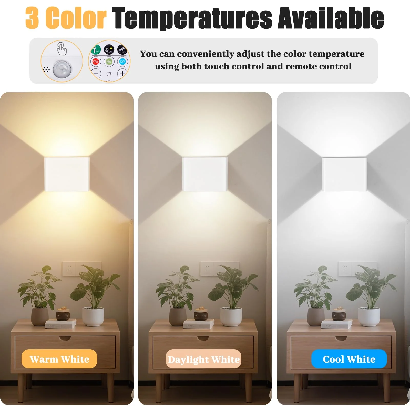 Yochoice Motion Sensor Wall Light Indoor Set of 2, 6000mAh Wireless Rechargeable Battery Operated LED Sconce Up Down with Touch Remote Control, Battery Powered Magnetic Wall Lamps with 3CCT, White 2-pack - Image 2
