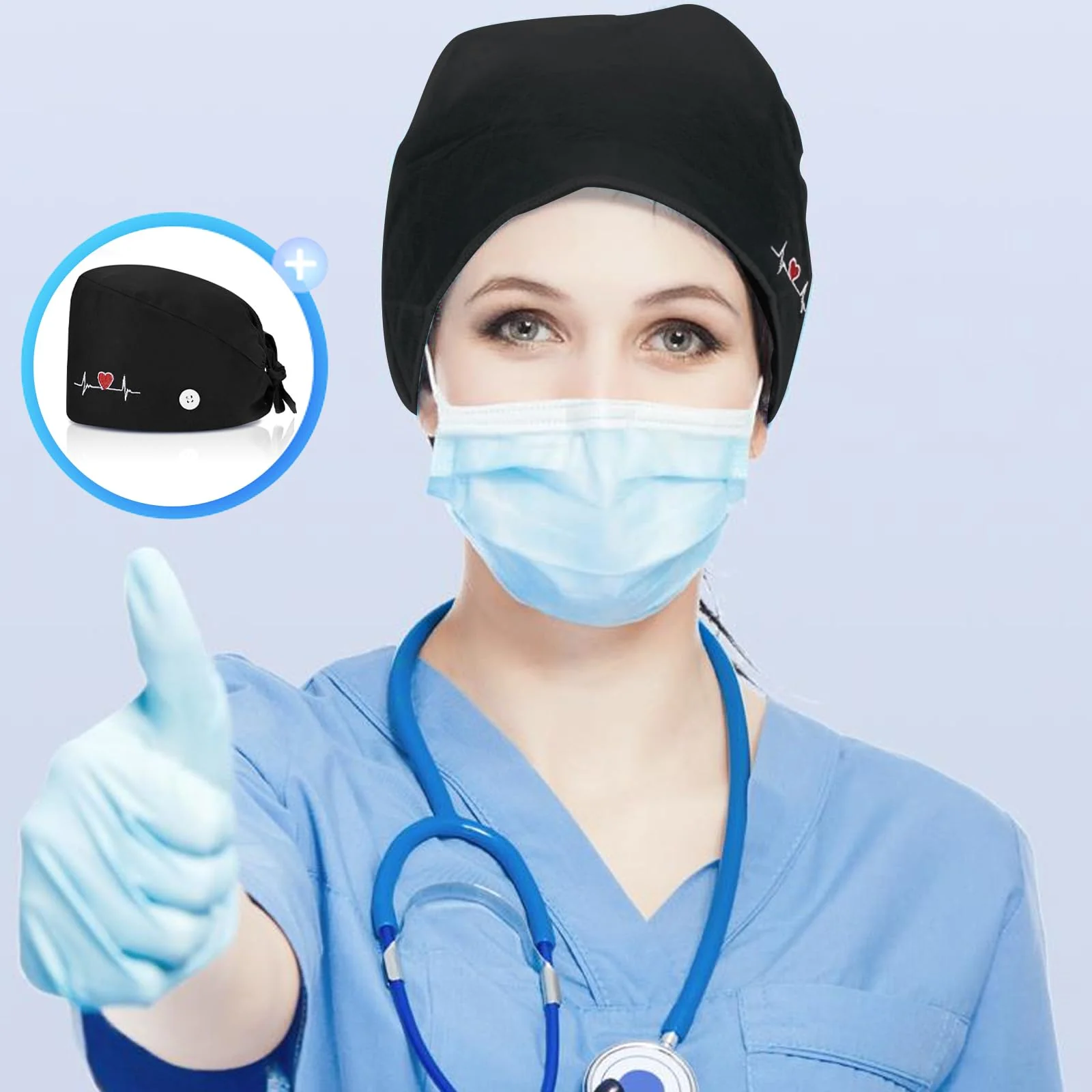 yolzhxe Pack of 2 Surgical Cap, Fabric, Adjustable Unisex Nurse Cap, Reusable Surgical Caps, Fabric with Button and Sweatband, Full Hair Cover Cap, for Doctors, Nurses - Image 5