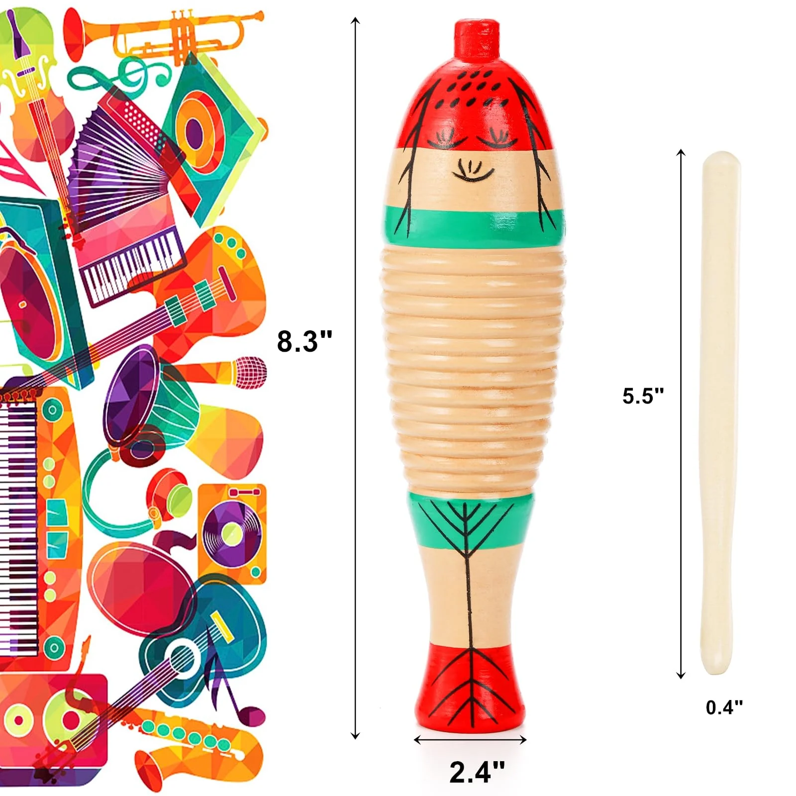 Yopay 4 Pack Guiro Instrument Fish Shaped, Latin Percussion Instrument for Kids, Colorful Wooden Musical Instruments with Rhythm Sticks for Girls, Boys, Adults, Educational Early Learning - Image 2