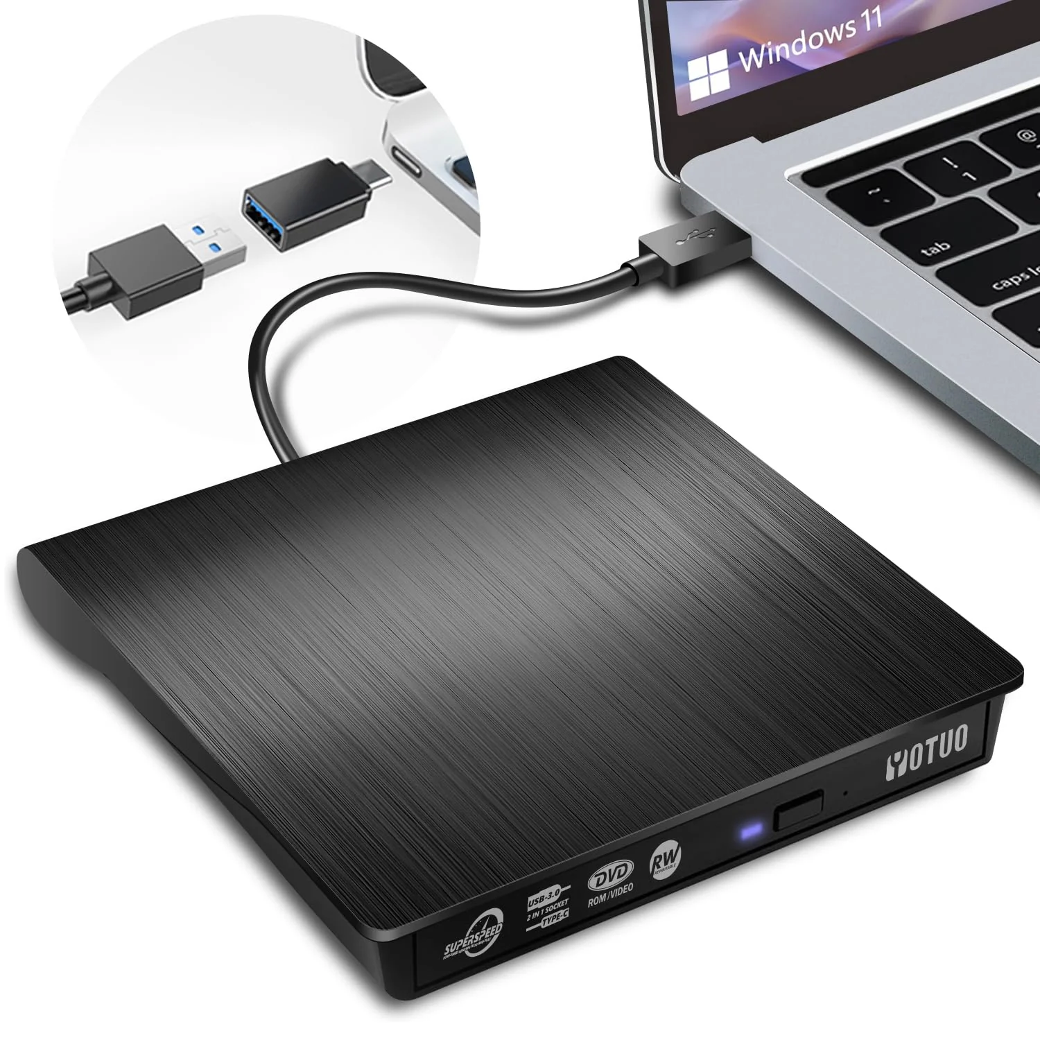 YOTUO External CD/DVD Drive, Portable USB 3.0 & USB-C CD RW Drive, DVD Player, DVD Burner for Laptop, Desktop, Compatible with Windows 7/8/10/11, Mac, MacBook Pro/Air, Linux (IDD029-2) 2-in-1 Detachable