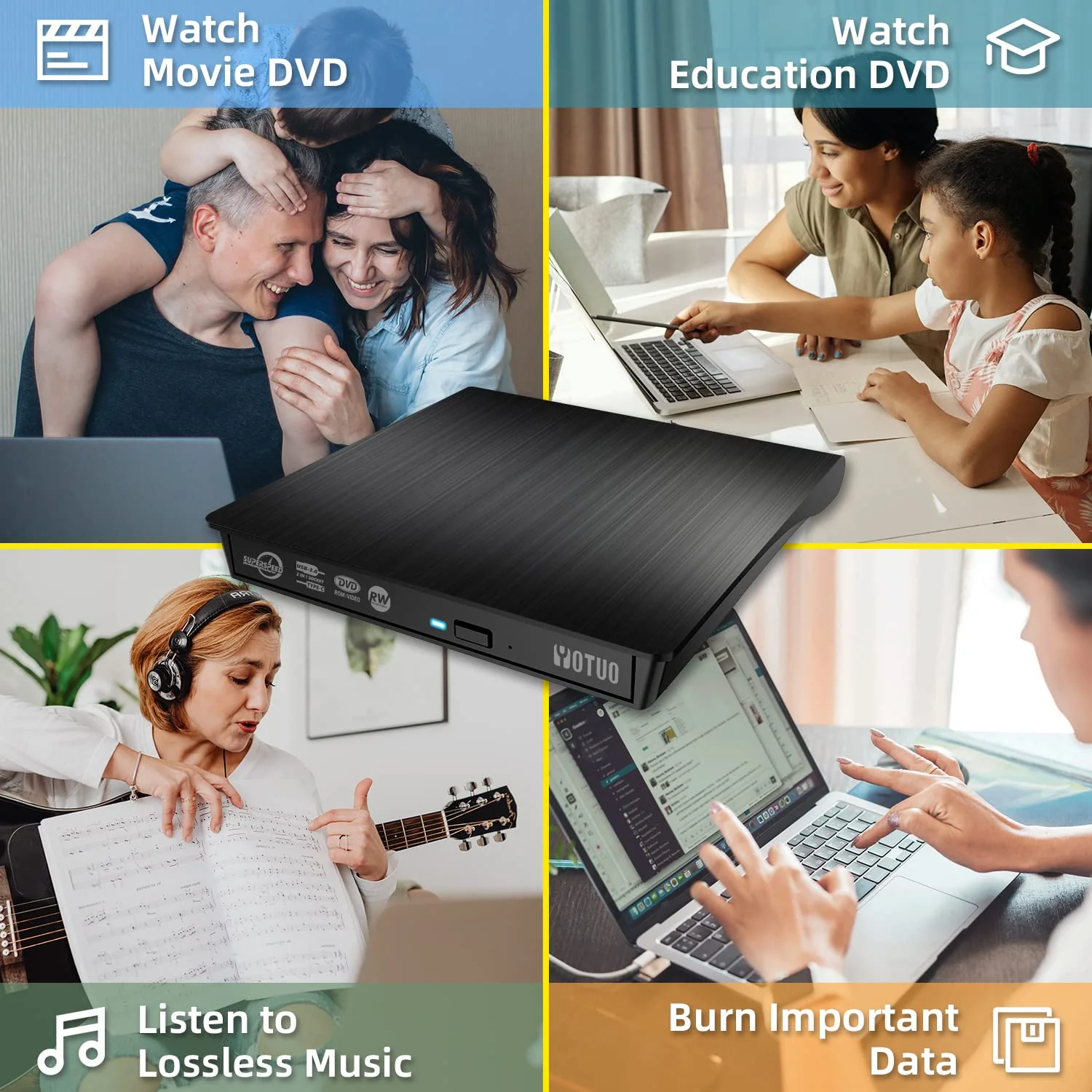 YOTUO External CD/DVD Drive, Portable USB 3.0 & USB-C CD RW Drive, DVD Player, DVD Burner for Laptop, Desktop, Compatible with Windows 7/8/10/11, Mac, MacBook Pro/Air, Linux (IDD029-2) 2-in-1 Detachable - Image 6