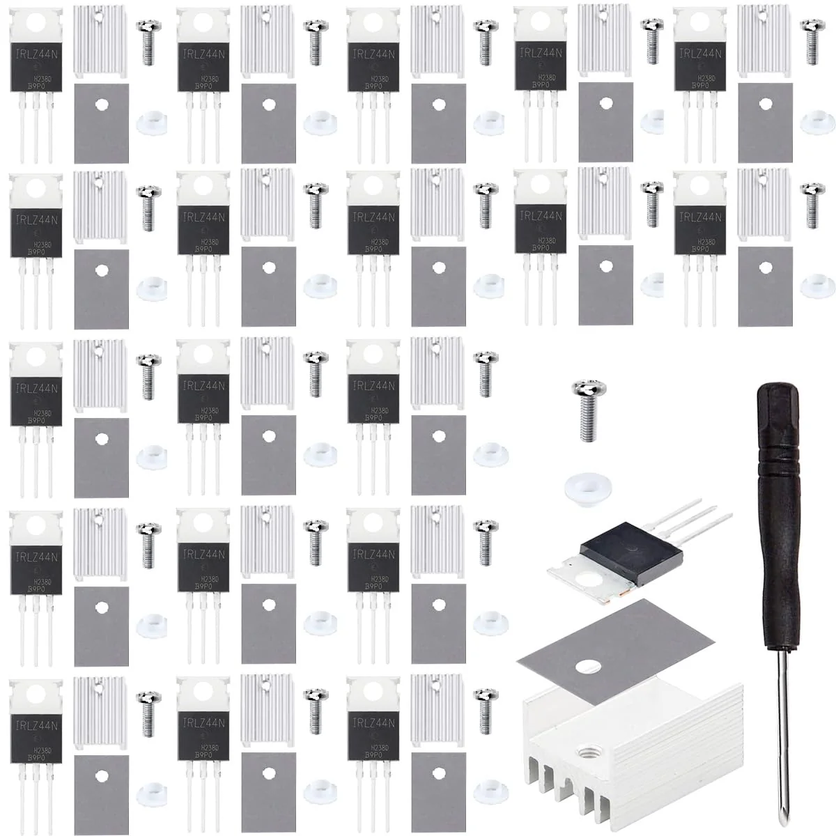 Youmile 20pcs IRLZ44N Mosfet Transistor IRLZ44NPBF N-Channel TO-220AB 47A 55V 3Pin International Rectifier with Heatsink Screw Disc Rubber Silicone Screwdriver