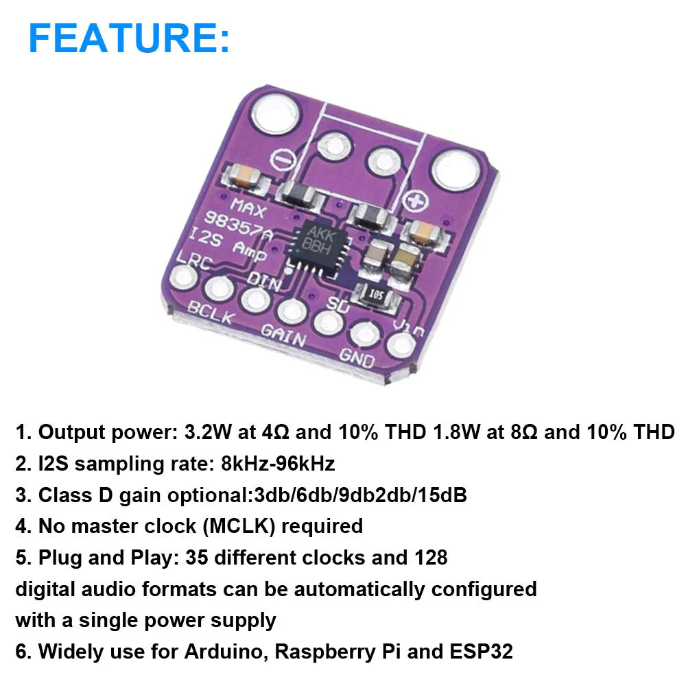 Youmile 2pcs MAX98357 Audio Power Amplifier Module I2S Class D Filterless Audio Amplifier Board for Raspberry Pi with Dupont Cable - Image 2