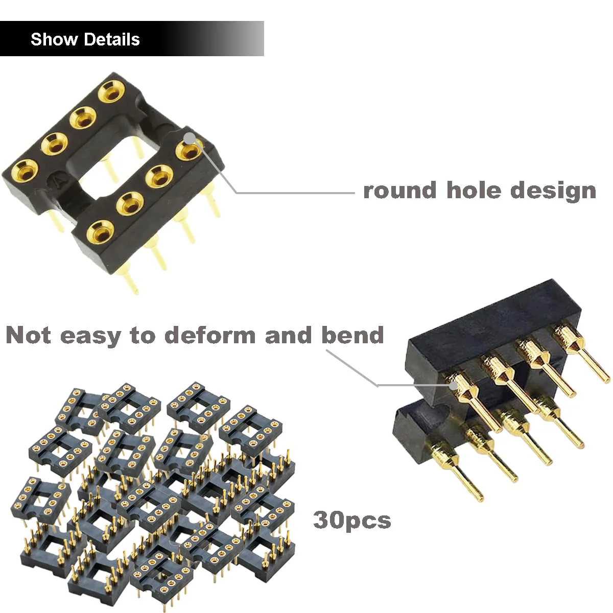 Youmile 30pcs DIP-8 IC Round Sockets, 2.54mm Pitch 8 Pin IC Socket Adapter Solder Connector Gold Plated Not Easy to Break with Tin Pin for DIY Electronics Experiment - Image 2