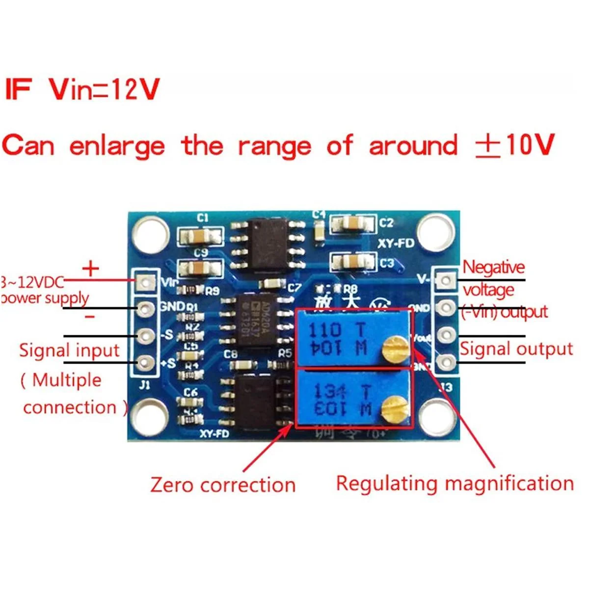 Youmile DC 3-12V Signal Amplifier AD620 1.5-1000 Adjustable Microvolt Millivolt Signal Amplifier Module High Precision with Header - Image 6