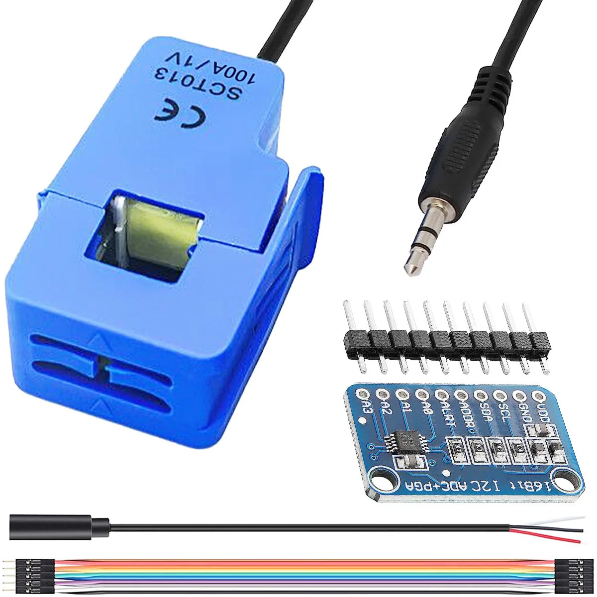 Youmile SCT-013-000 Non-invasive Sensor Split Core Current Transformer 100A/1V AC Current Sensor + ADC Module with Audio Socket Cable Male and Female for Arduino