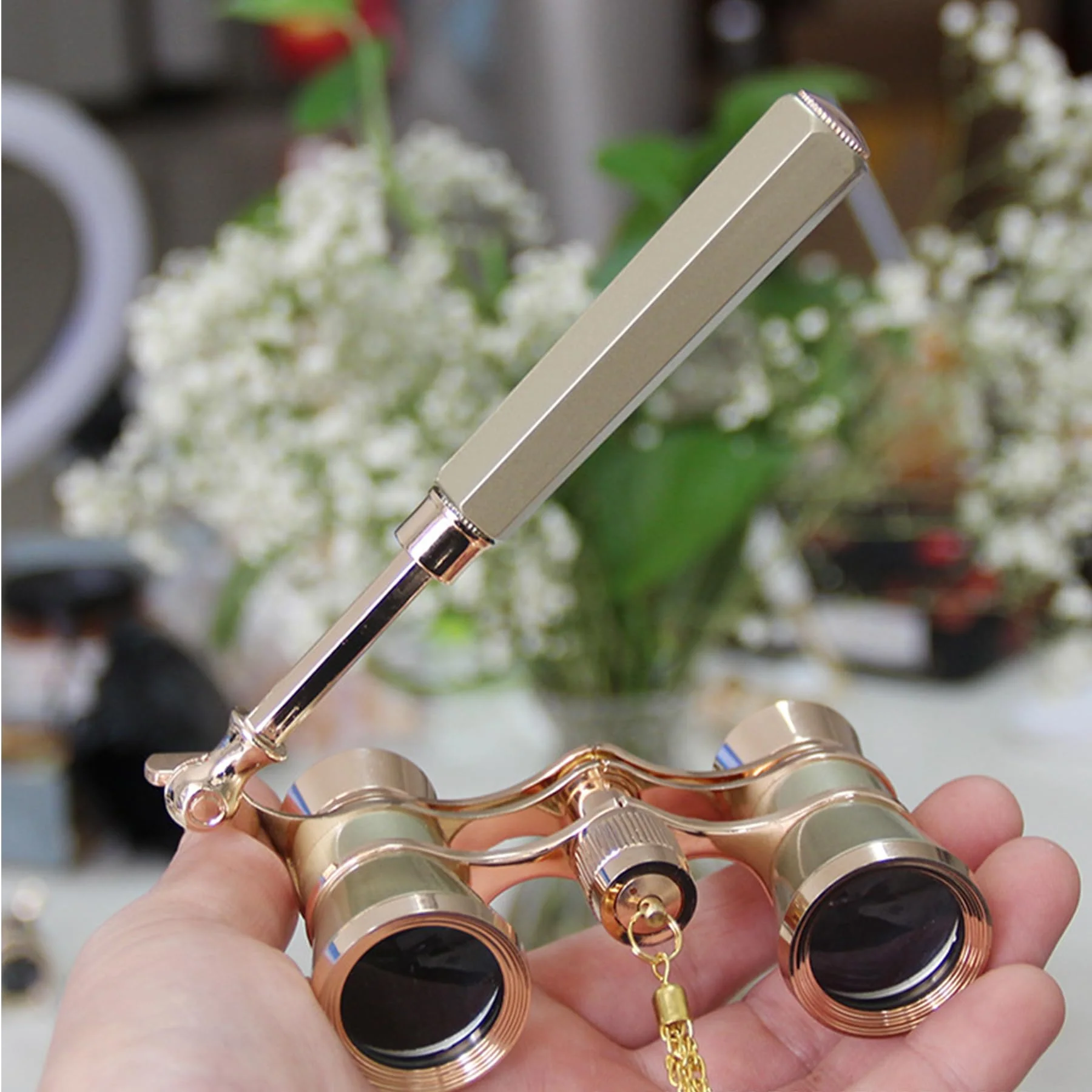 Yourelexit® Opera Glasses Binoculars 3X25 Lorgnette Theater Glasses Optical BK9 Mini Compact Lightweight Built-in Foldable Adjustable Handle Vintage for Adults Women Men in Musical Concert Cinema Gold With Handle and Neck Chain
