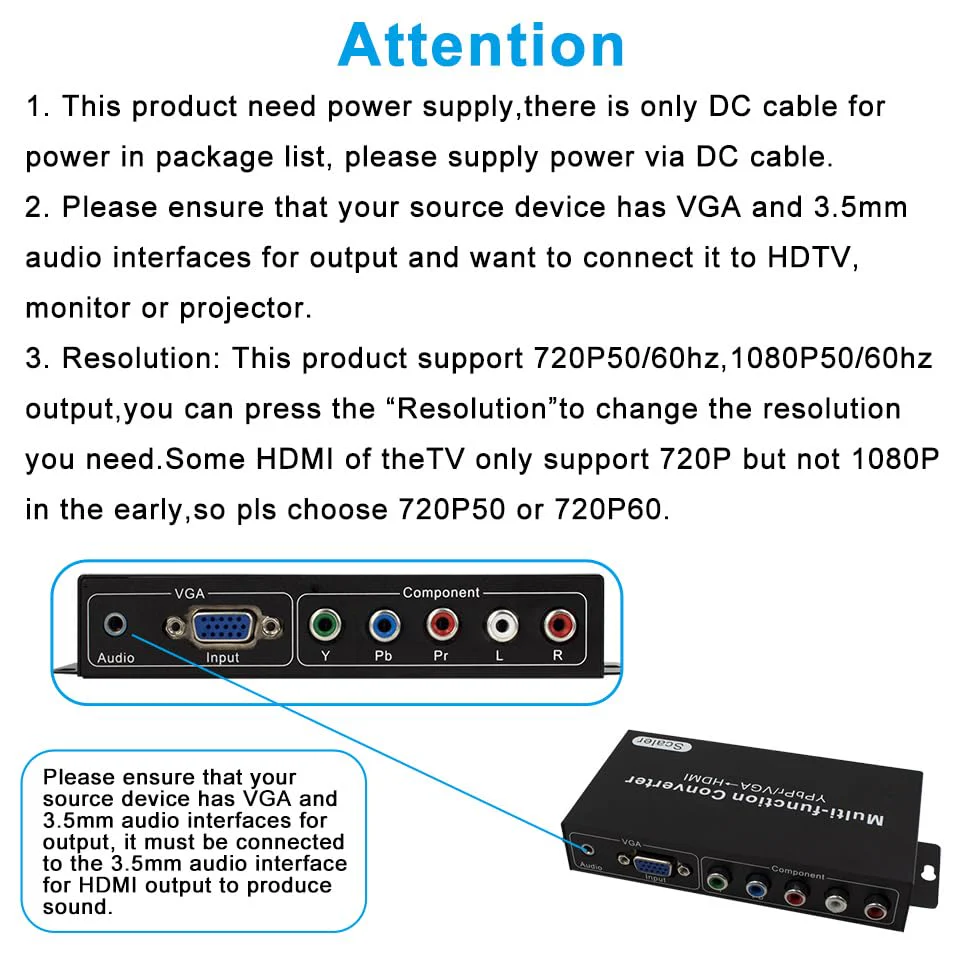 YPbPr RGB/ 5 RCA Component/VGA to HDMI Converter with Audio（3.5mm）- PC to HDMI,Support 1080p 60/50Hz,720p 60/50Hz Scaler Converter for PC Laptop Display Computer Projector - Image 2