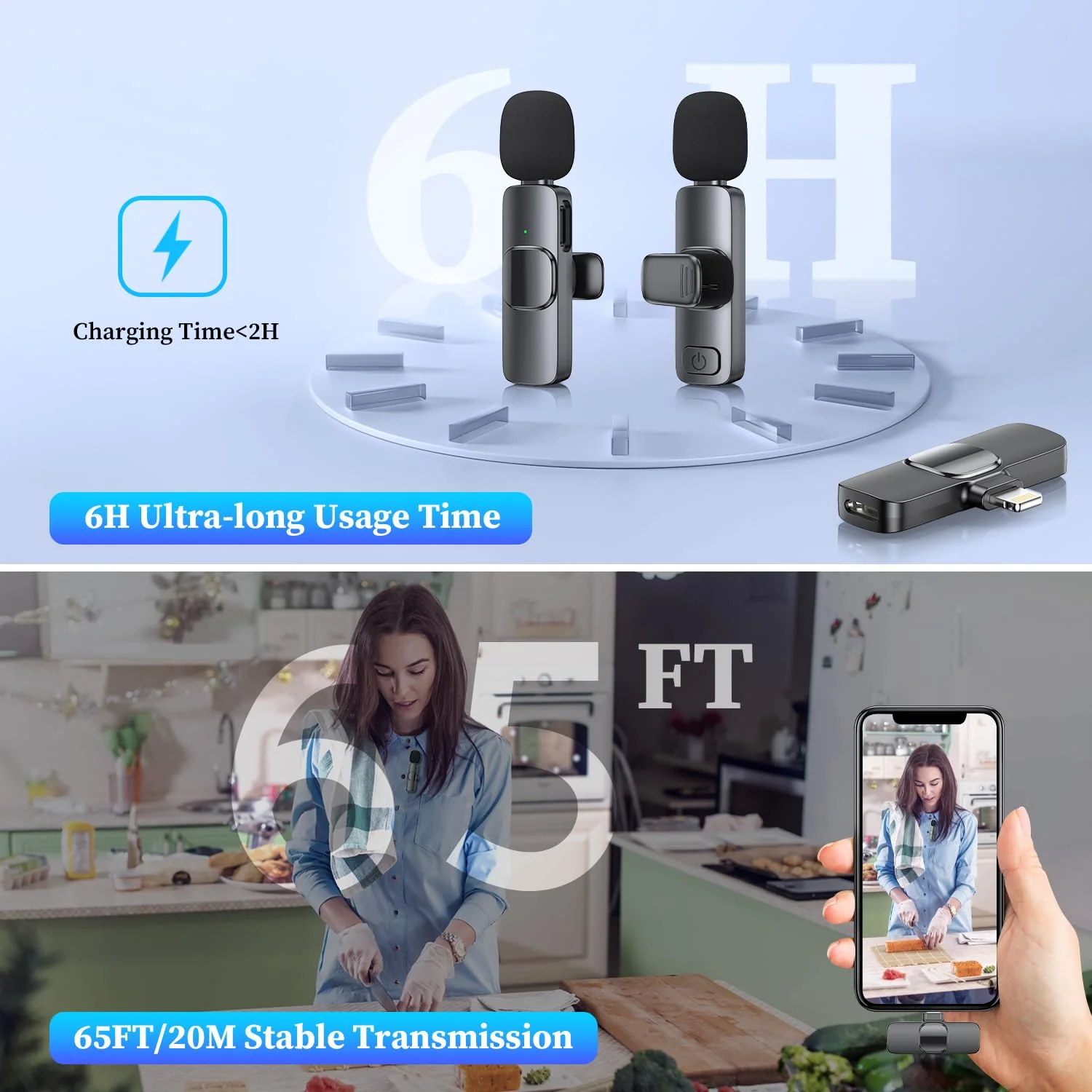 ZasLuke 2 Pack Wireless Lavalier Microphone for iPhone & iPad, Mini Microphone for Video Recording, Ultra-Low Delay Noise Canceling Microphone for Vlog, YouTube, TikTok, Black - Image 3