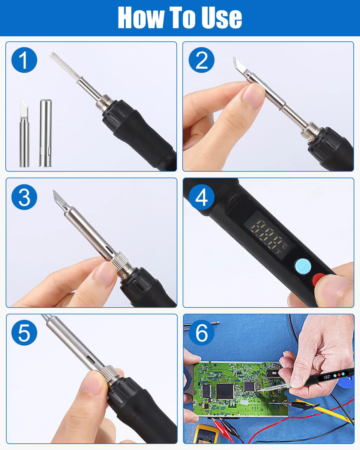 Zawaer Soldering Iron Set, 100 W LED Soldering Iron with Adjustable and Locking Temperatures 180 °C - 500 °C, with On/Off, 10 g Soldering Wire, 5 Soldering Tips, Soldering Iron Stand, Soldering Set Black - Image 6