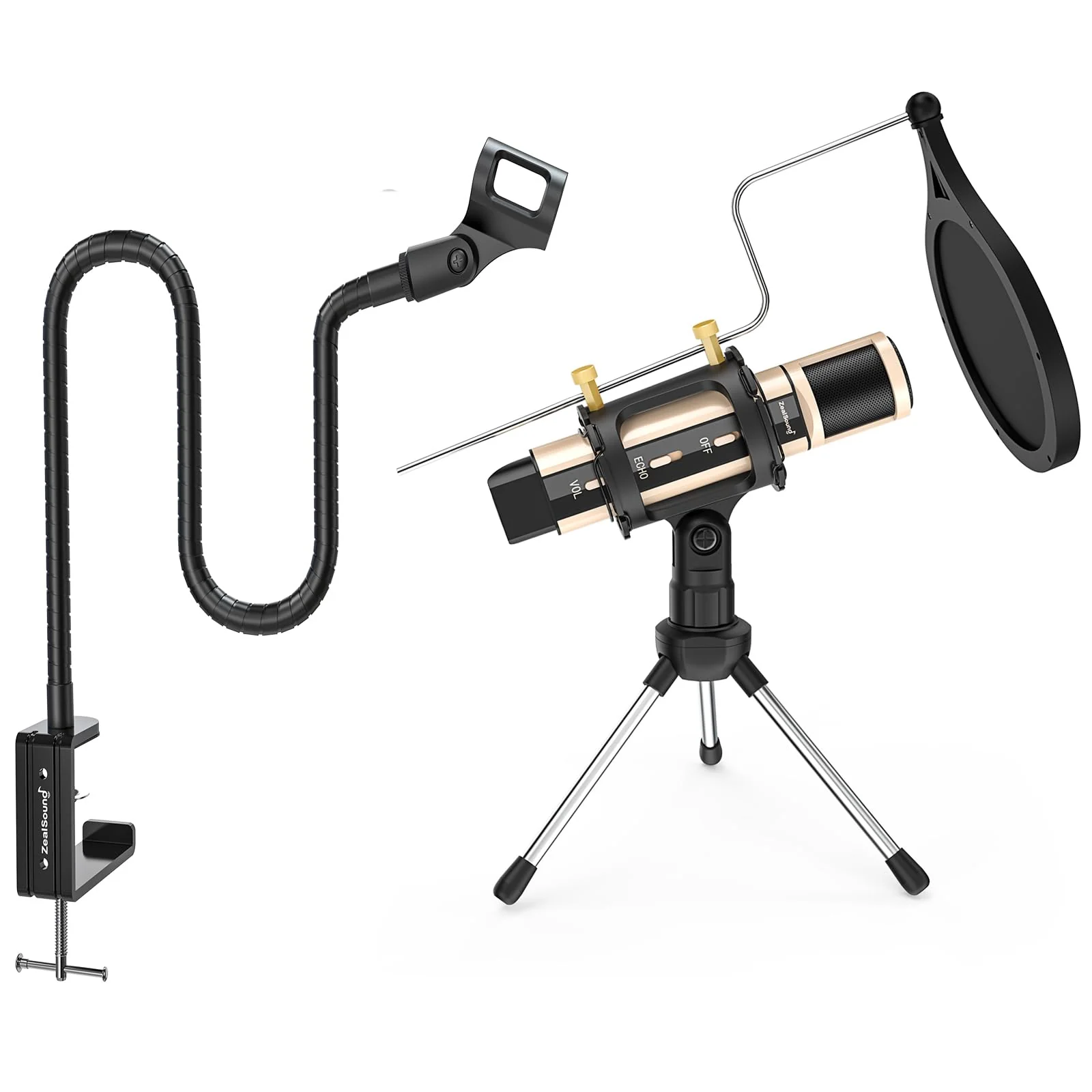 ZealSound Recording Microphone k08 Gold + Gooseneck Microphone Arm Stand
