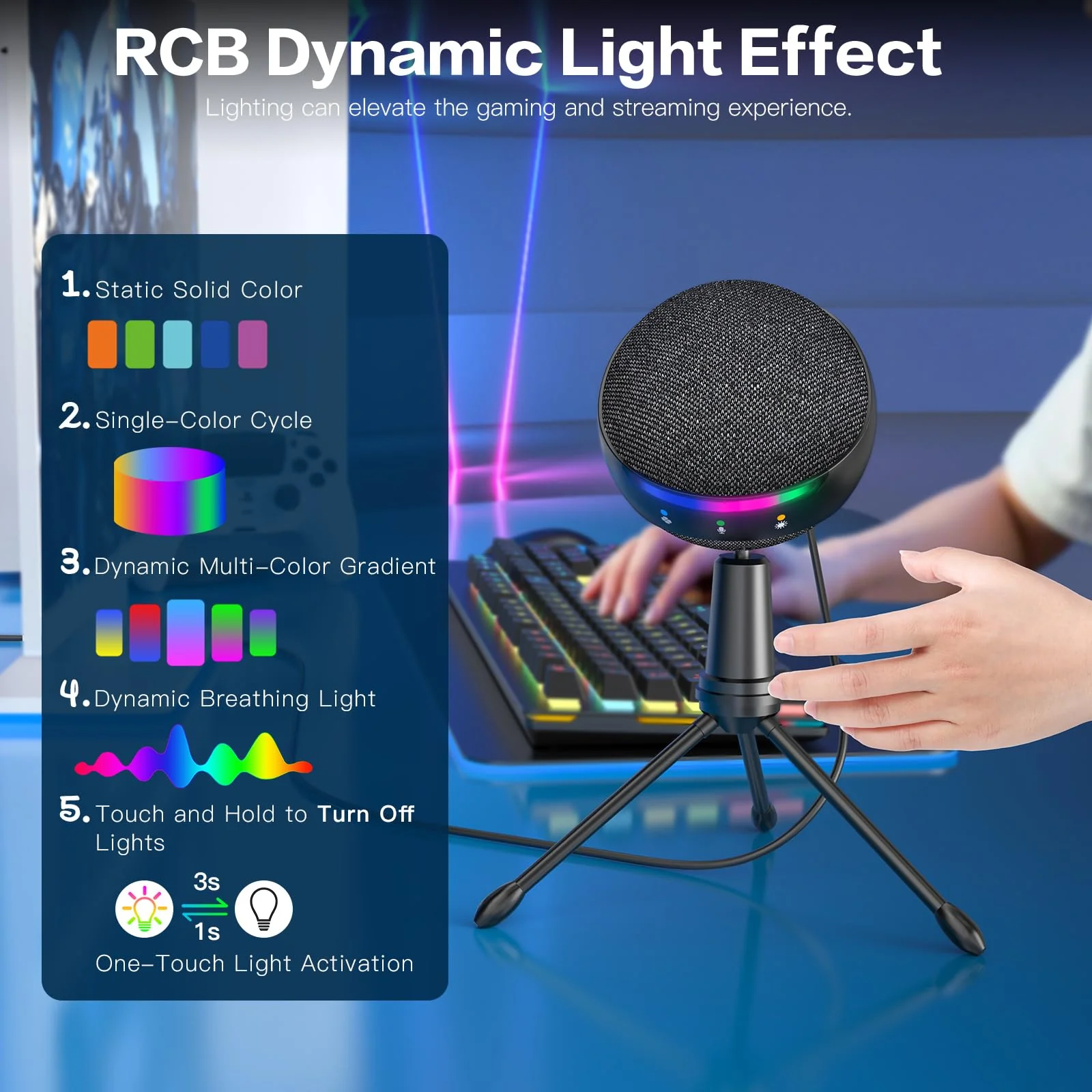 ZealSound RGB USB Microphone for iPhone/PC,Mic for Phone,ASMR,Gaming,Noise Cancel Microphones with Touch Mute/Echo/Volume Gain,Real Time Monitor,Podcast,Zoom YouTube Discord Twitch Video - Image 4