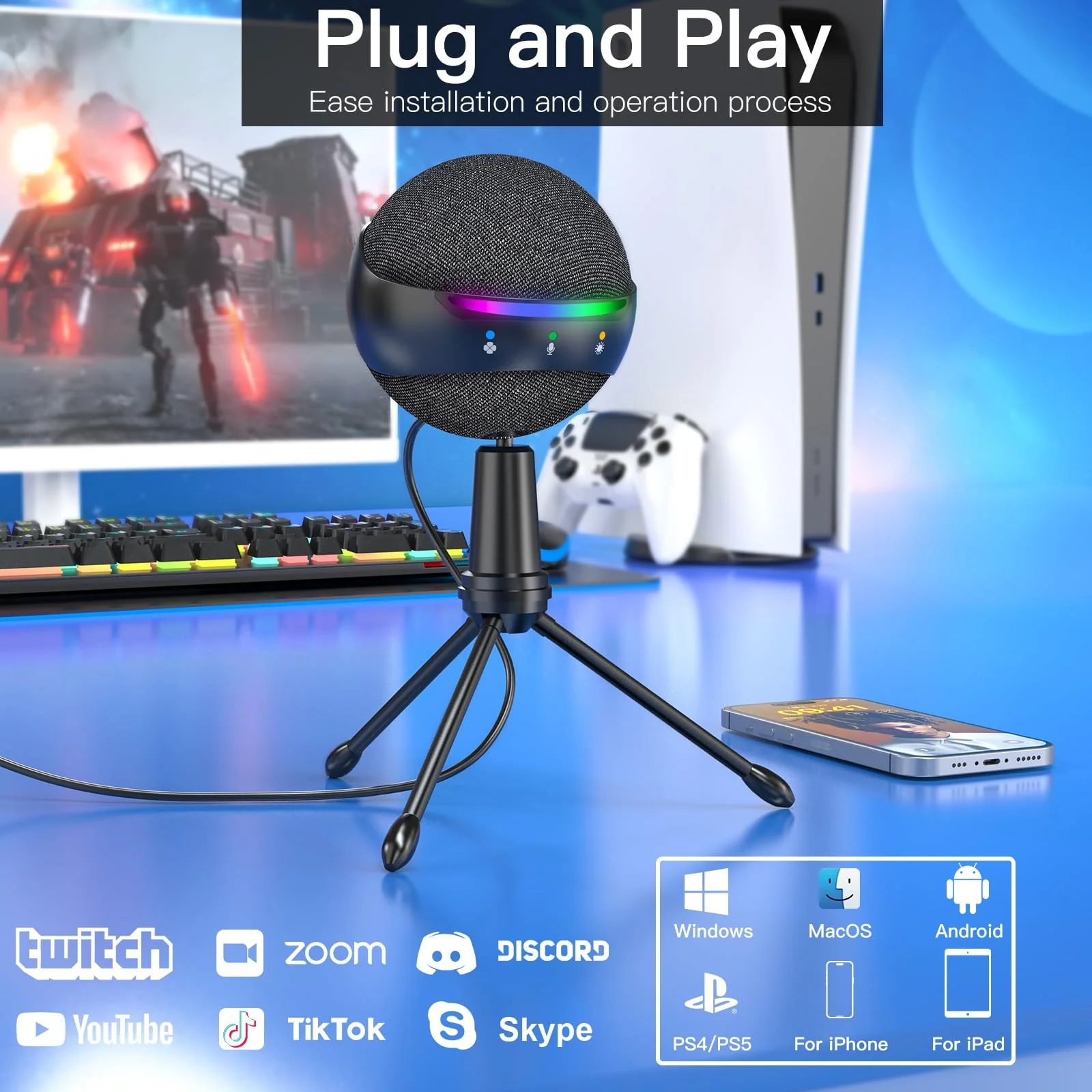 ZealSound RGB USB Microphone for iPhone/PC,Mic for Phone,ASMR,Gaming,Noise Cancel Microphones with Touch Mute/Echo/Volume Gain,Real Time Monitor,Podcast,Zoom YouTube Discord Twitch Video - Image 6