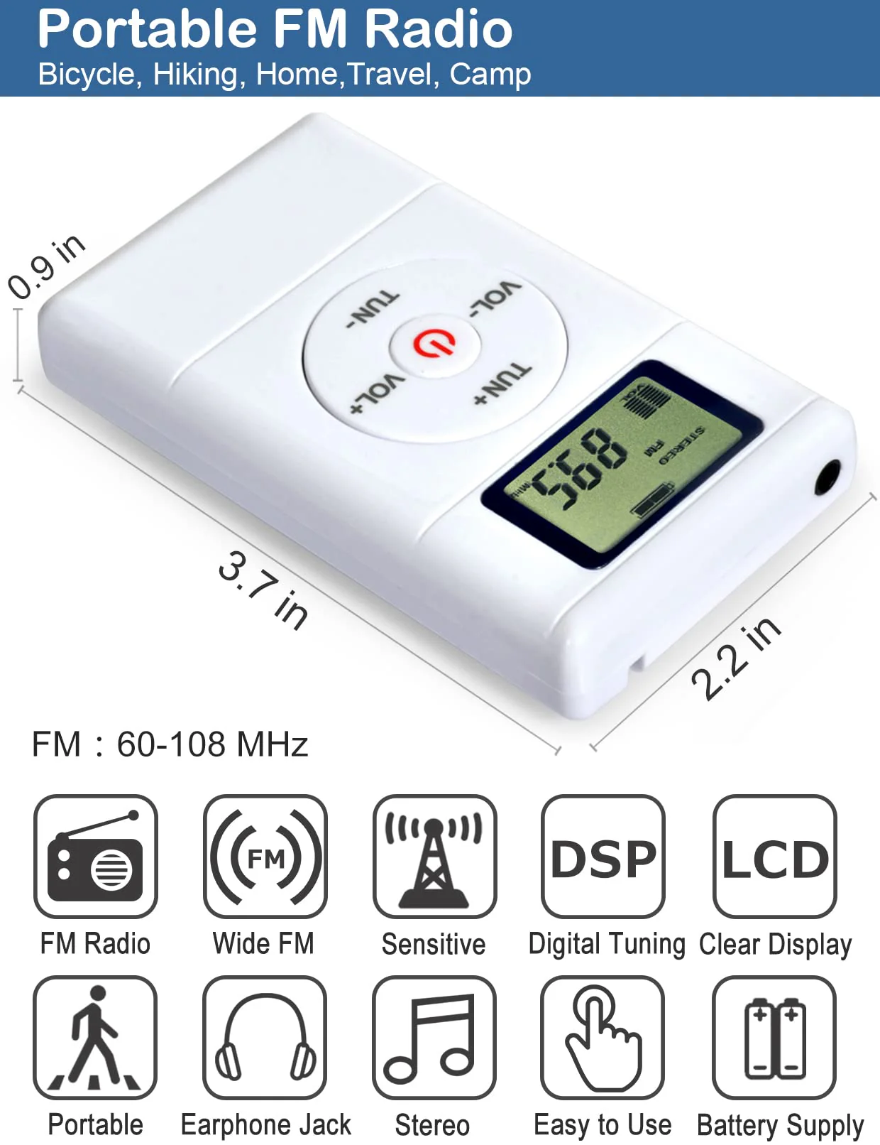 ZHIWHIS Mini Portable FM Radio, Stereo LCD Digital Display Tuning Pocket Walkmen Transistor Conference Receiver with Earphone, Small Pocket Radio Operated by AAA Batteries for Walking/Running - Image 2