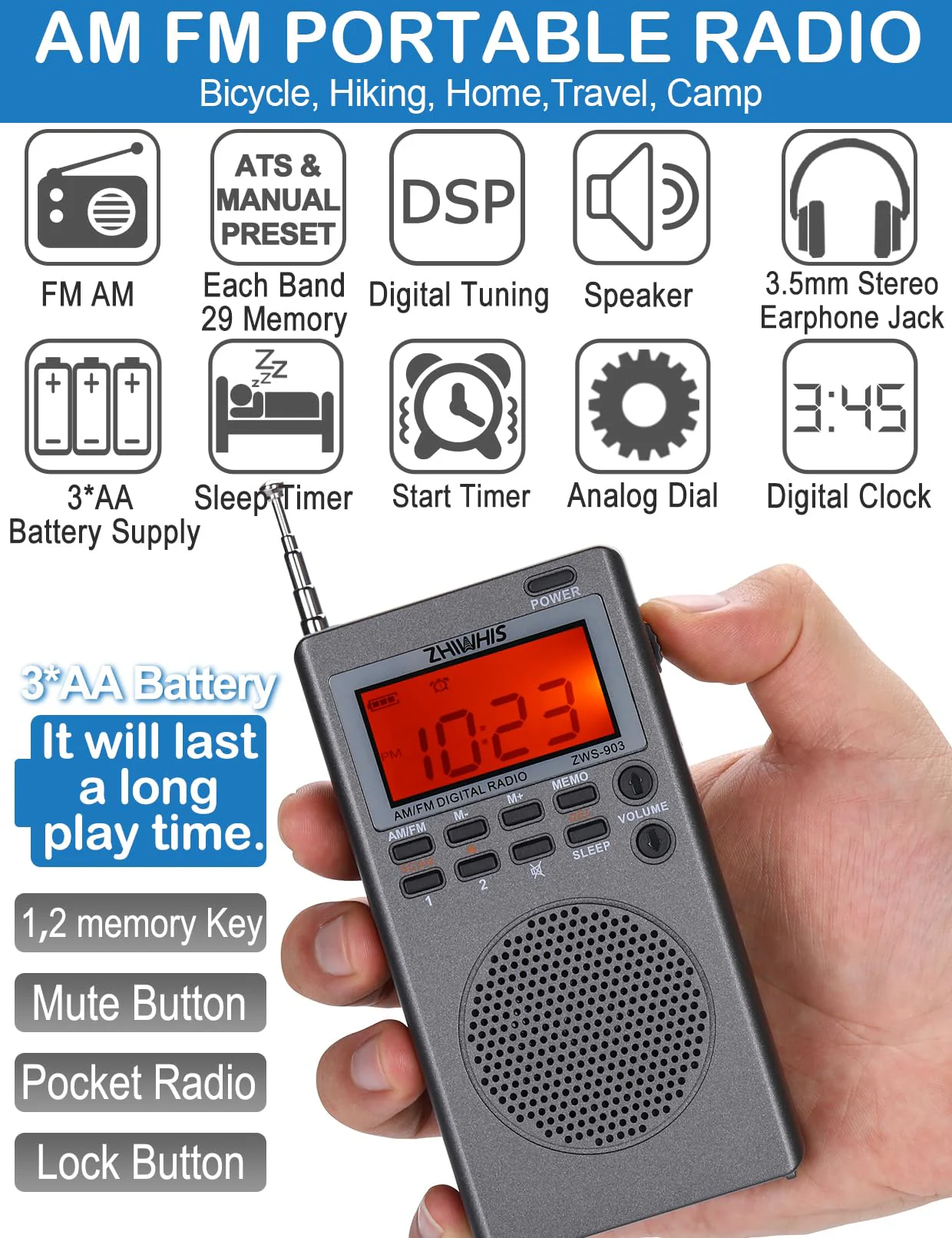 ZHIWHIS Portable Radio, AM FM Stereo Receiver, DSP Small Pocket Radios Operated by AA Batteries, Digital Clock/Presets/Start Timer/Sleep Timer for Walking/Running ZWS-903 - Image 2