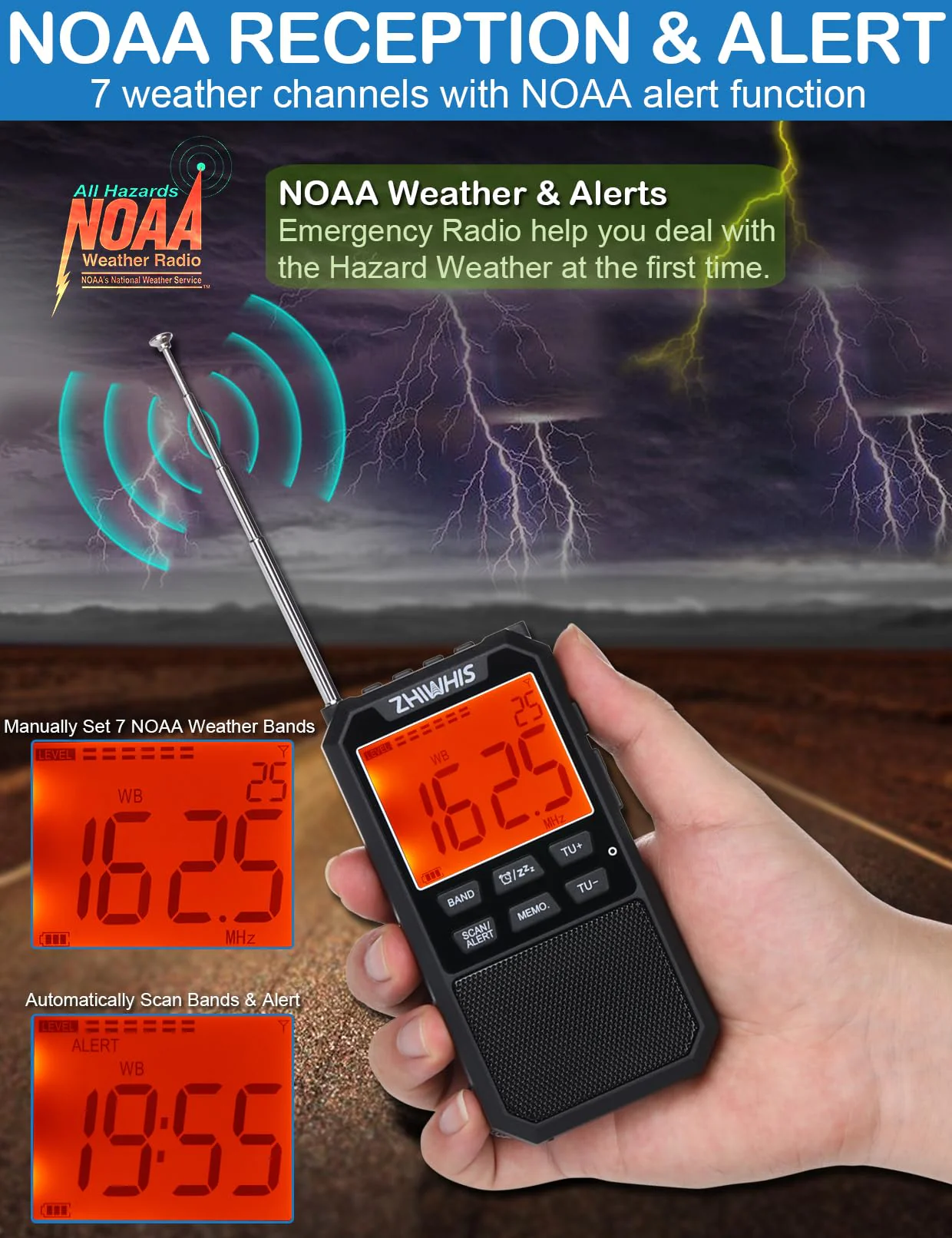 ZHIWHIS Portable Radio, AM FM Stereo SW NOAA Weather VHF Receiver with Alerts, Rechargeable DSP Pocket Radios with 9.85Ft Wire Antenna, 900mAh/396Presets/Alarm Clock/Sleep Timer for Walking ZWS-878 - Image 6