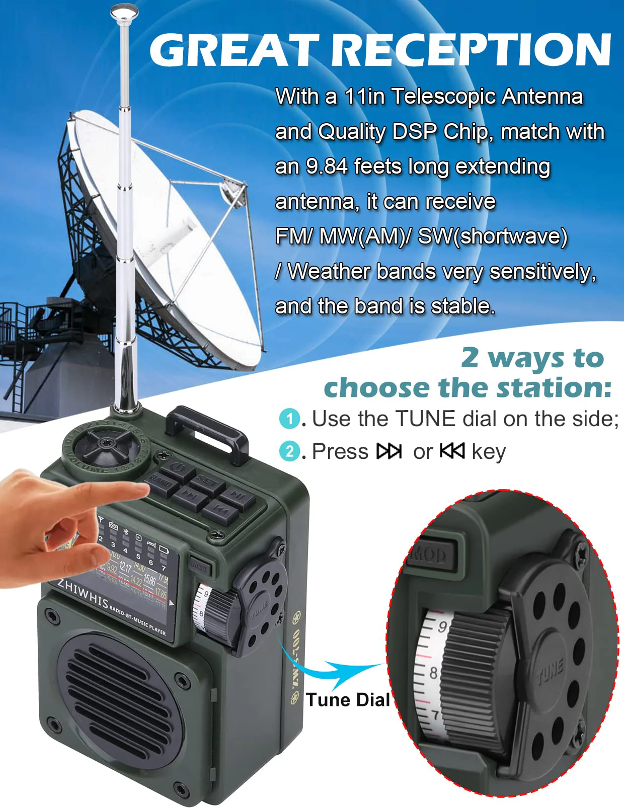 ZHIWHIS Shortwave Radio with Bluetooth, Portable Radio with Sleep Timer, Weather AM FM Shortwave Radios with Best Sound, Retro Analog Tuner with Preset, Rechargeable MP3 Player Support MicroSD Card Grey - Image 3