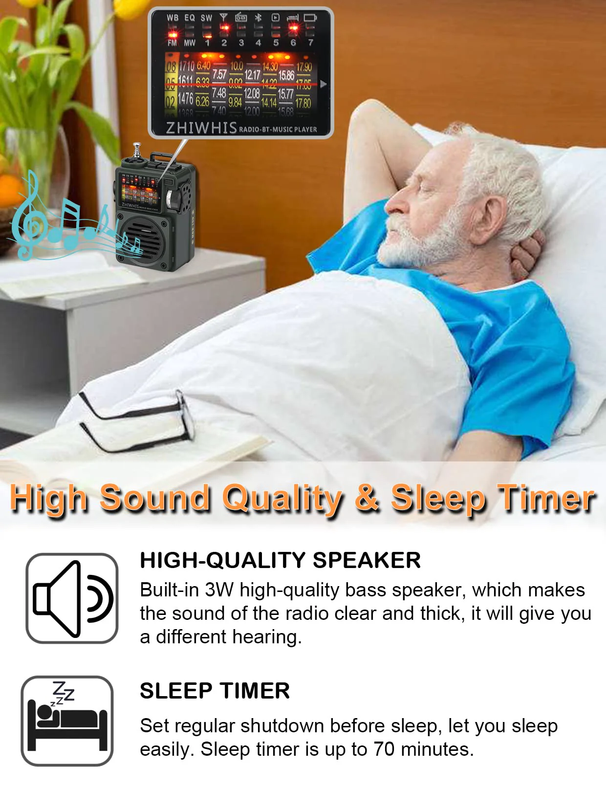 ZHIWHIS Shortwave Radio with Bluetooth, Portable Radio with Sleep Timer, Weather AM FM Shortwave Radios with Best Sound, Retro Analog Tuner with Preset, Rechargeable MP3 Player Support MicroSD Card Grey - Image 6