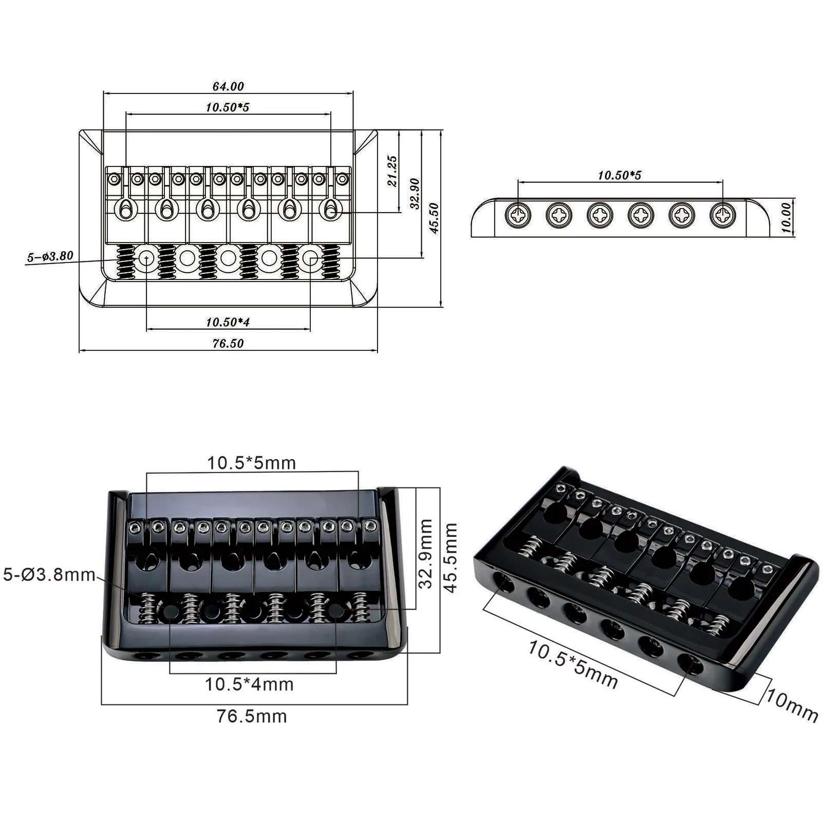 Zinc Alloy 6 String Guitar Fixed Bridge 10.5mm(13/32") Electric Guitar Hardtail Bridge Compatible with Fender Strat Telecaster Style 6-String Electric Guitar Replacement Parts(Conductive Black) - Image 6