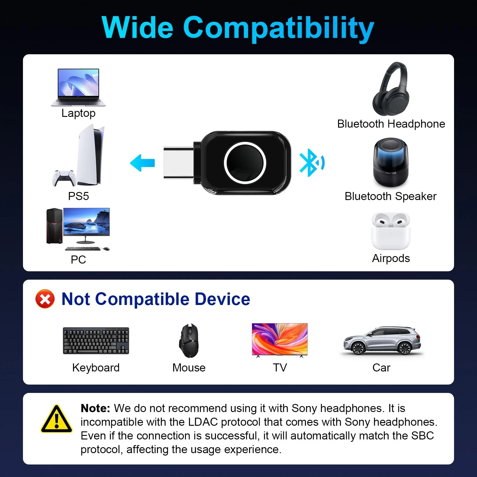 ZIOCOM USB-C Bluetooth Adapter for PS5, Bluetooth 5.3 Dongle with APTX Low Latency & aptX-Adaptive, Wireless Audio Transmitter for Headphones & Earbuds, Not for Keyboard/Mouse/TV(Black) Black - Image 3