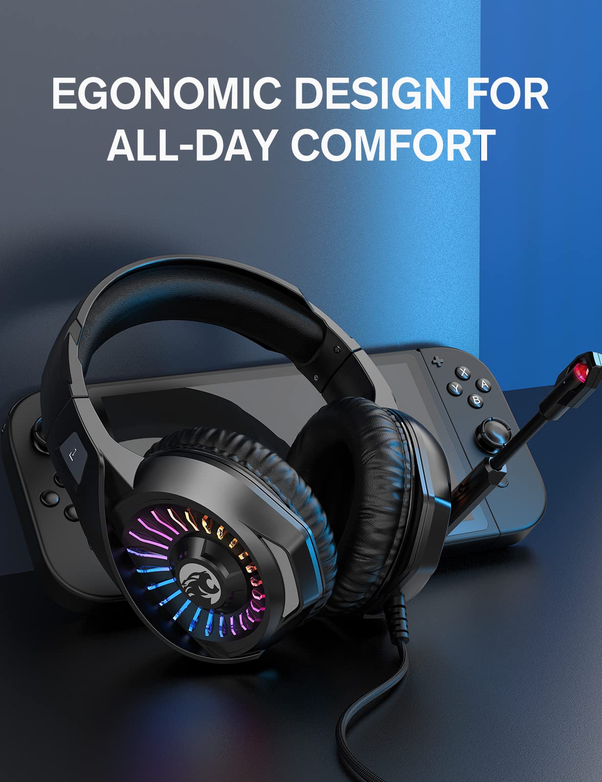 ZIUMIER Gaming Headset with Microphone, Compatible with PS4 PS5 Xbox One PC Laptop, Over-Ear Headphones with LED RGB Light, Noise Canceling Mic, 7.1 Stereo Surround Sound Black - Image 4