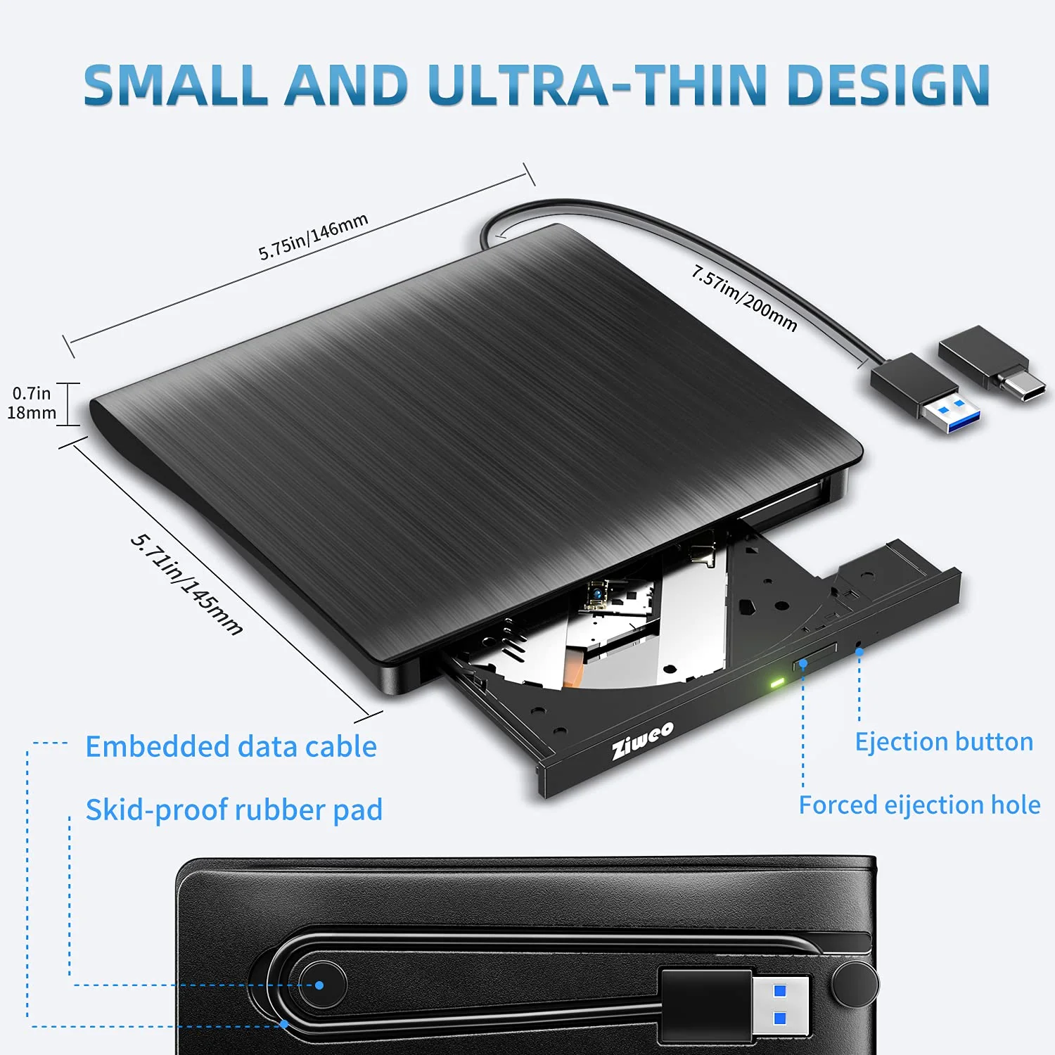 Ziweo External CD DVD Drive, Portable USB 3.0 Type-C CD Burner CD +/-RW Drive DVD Player for ROM Rewriter Burner Compatible with Laptop Desktop PC Windows MacBook Linux Mac OS Upgrade Black - Image 2